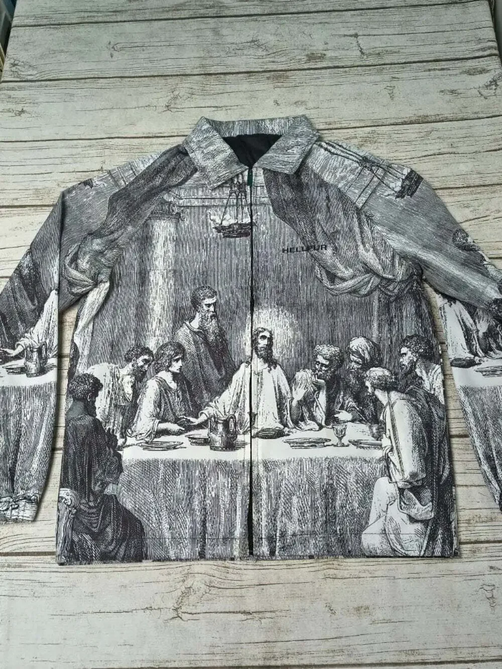 Hellpur The Last Supper Graphic Full Zip Jacket Medium Black White Streetwear